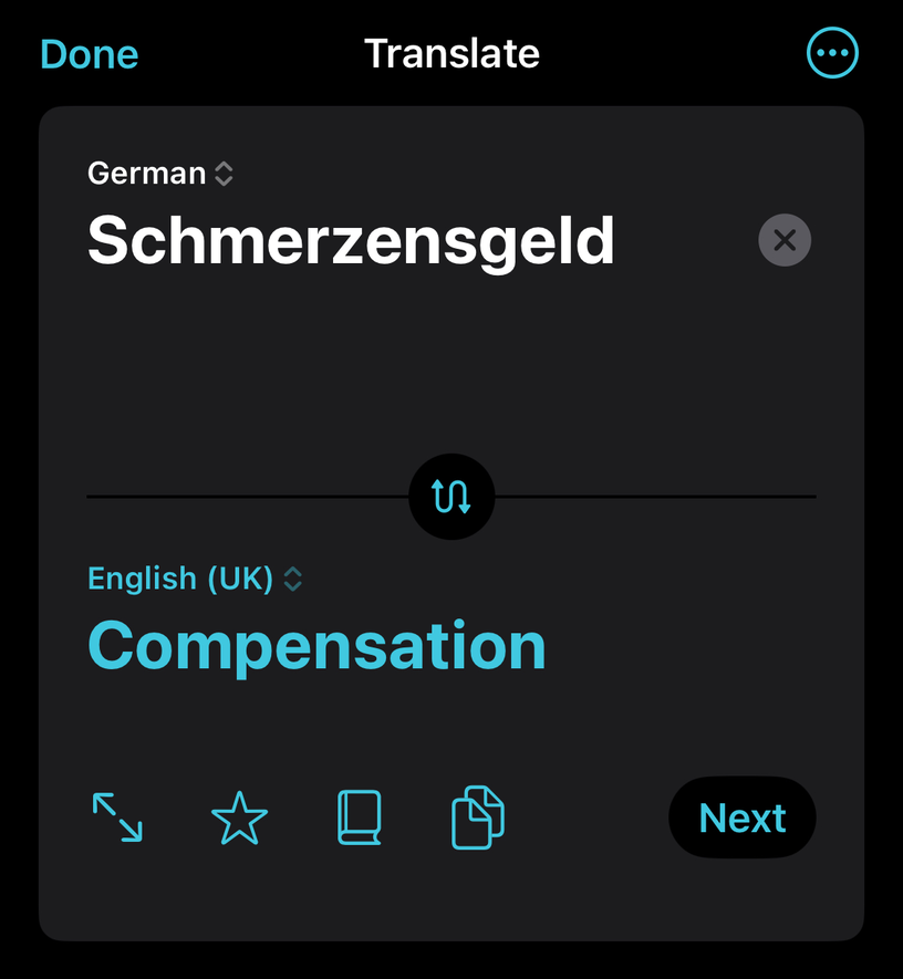 Phone translation: Schmerzensgeld (de-DE) <=> Compensation (en-GB)